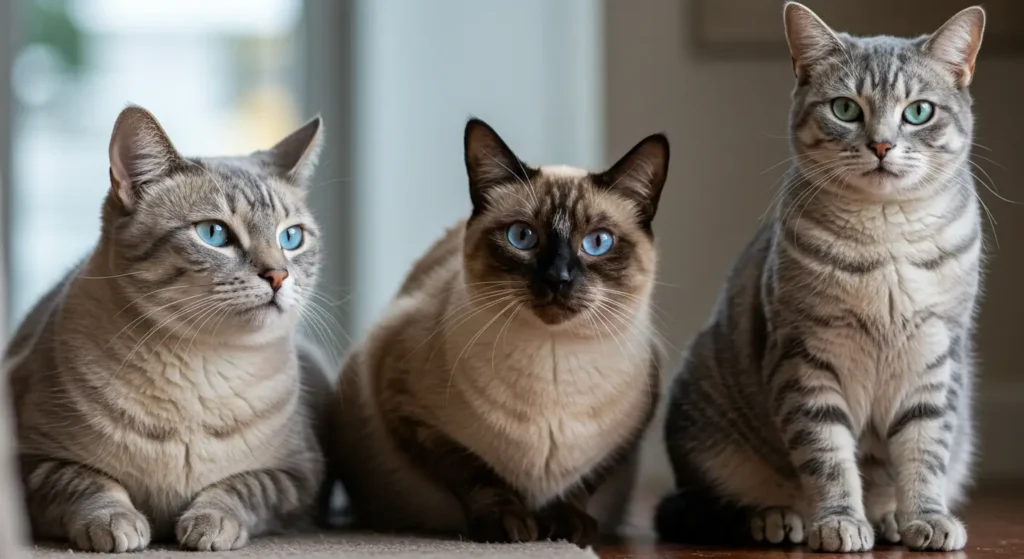 Three Elegant Cats with Striking Blue Eyes Relaxing Indoors, Highlighting Their Lifespan and How Long Do Cats Live?