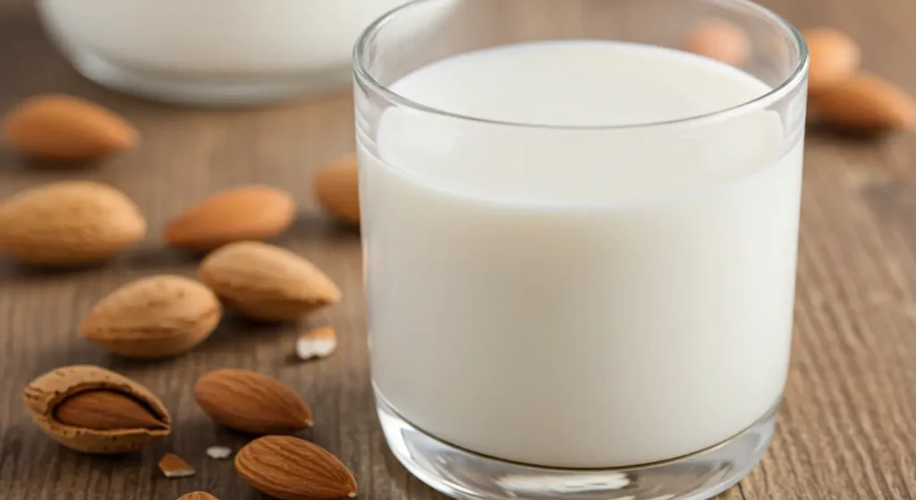 Close-up of a glass of almond milk surrounded by scattered almonds on a wooden table.