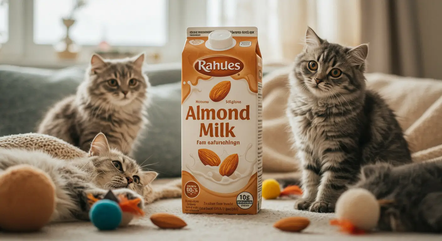 Group of fluffy gray cats lounging around an almond milk carton in a cozy living room.