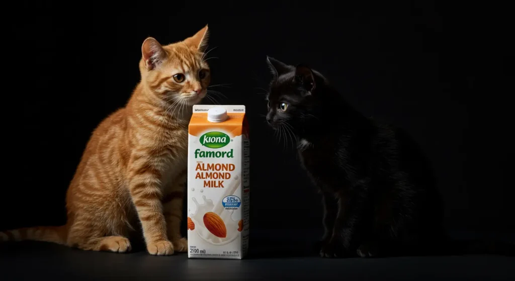 Orange tabby cat and black cat examining a carton of almond milk on a black background.