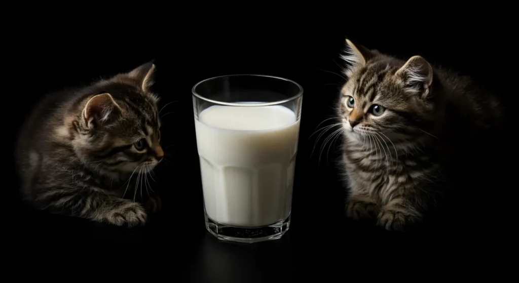 Two fluffy tabby kittens staring at a glass of almond milk on a black background.