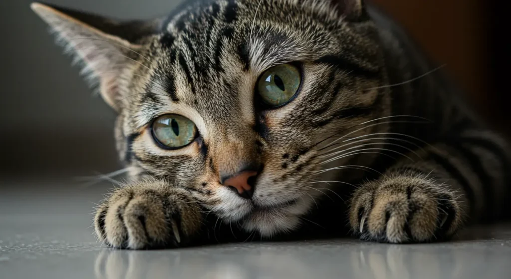 A relaxed tabby cat lying on a cozy couch with soft blankets, featuring the text "Why do cats knead?" in bold.