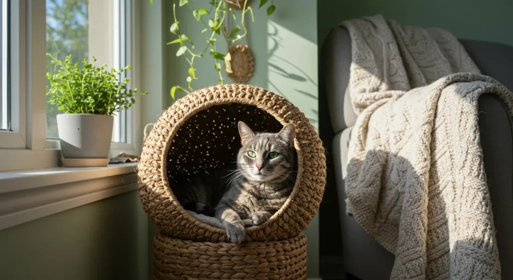  A relaxed tabby cat lying on its back on a couch, surrounded by soft blankets, with the text overlay "Why do cats knead?" in bold letters.