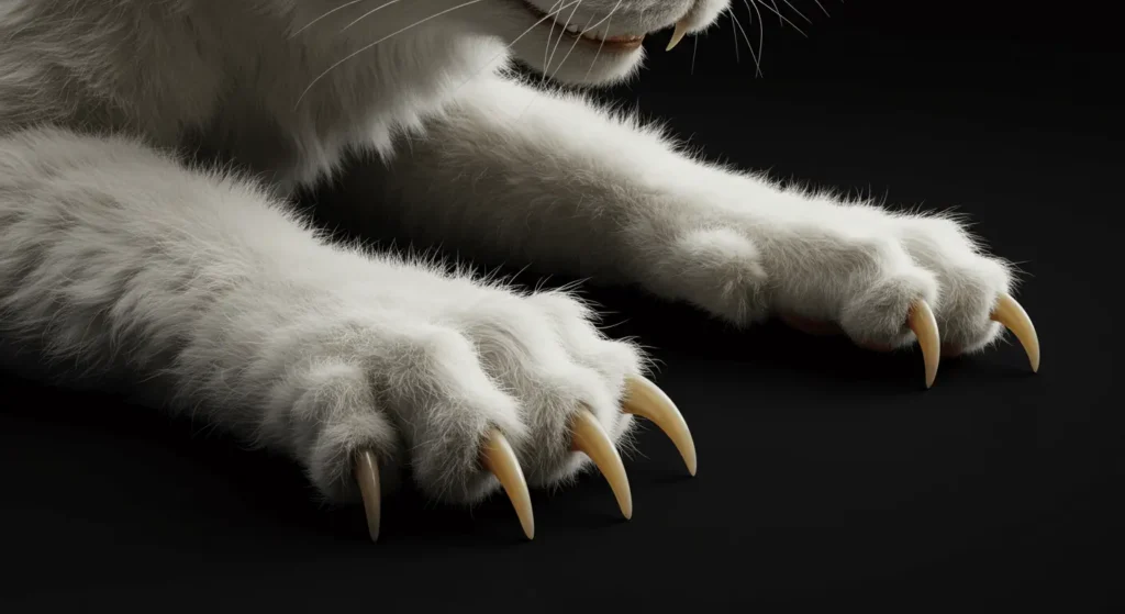 A fluffy tabby cat resting on its back on a gray couch with blankets, with the words "Why do cats knead?" displayed prominently.